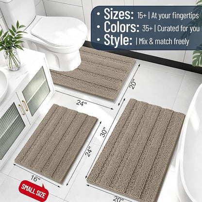 Smiry Thick Small Chenille Bathroom Rugs 24x16, Soft Bath Mat, Warm Taupe | Quick‑Dry & Machine Washable, Non‑Slip Bath Carpet, Striped Bath Rugs for Tub & Shower, Modern Home Decor Accessories