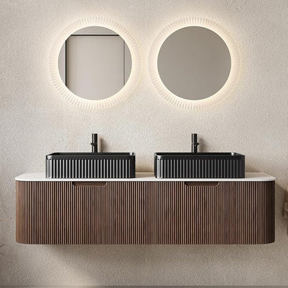 Yayzy 60" Floating Bathroom Vanity with Sink, Solid Wood Fluted Cabinet, Black Fluted Square Ceramic Basin & Faux Marble Top, Soft-Close Drawer, Pre-Assembled, Walnut Woodgrain