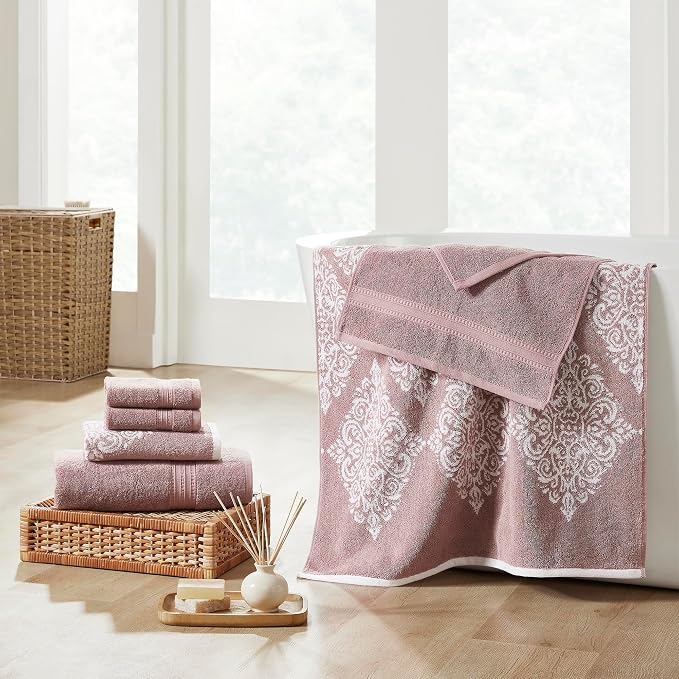 Modern Threads 6-Piece 100% Cotton Damask Medallion Towel Set, Rose | Highly Absorbent, Soft & Plush, Quick-Drying, 550 GSM, Color-Rich Yarn-Dyed Design, OEKO-TEX Certified