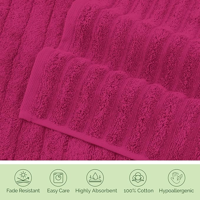 Elegant Comfort Luxury 100% Turkish Cotton Corduroy Ribbed 4 Pack Hand Towel Set 16 x 28 Inch - Absorbent, Super Soft, Quick Dry, Premium Towels for Bathroom, Gym, Spa and Hotel Use, Hot Pink