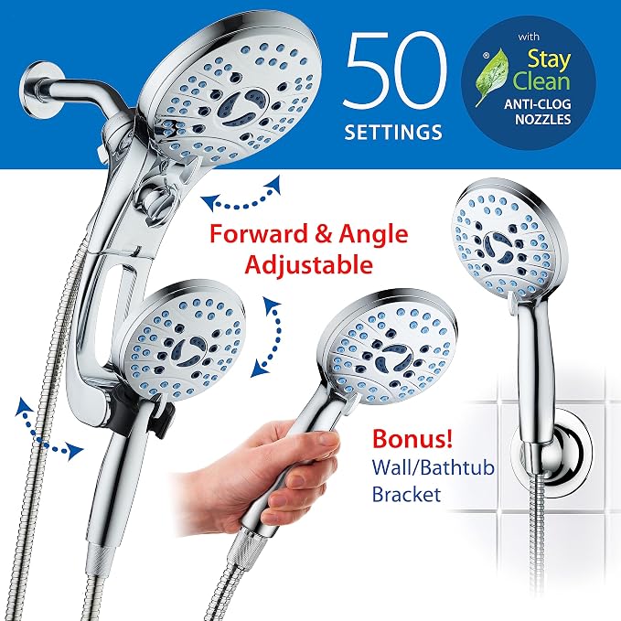 AquaCare 50-mode High Pressure Shower Head Combo with Arm & Dual Power Wash | Hygienic Jets, 2-mode Handheld Power Wash for Tub, Tile & Pets, Long 6 ft. Stainless Steel Hose, Extra Wall Bracket / Chrome