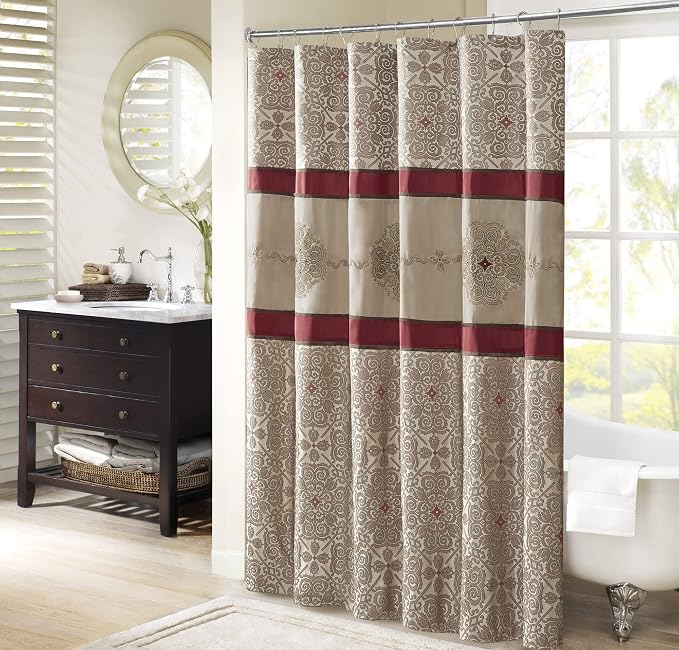 Madison Park Embroidered Jacquard Traditional Shower Curtain, 72"x72", Red | Weave Design, Traditional Bathroom Décor, Machine Washable, Fabric Privacy Screen