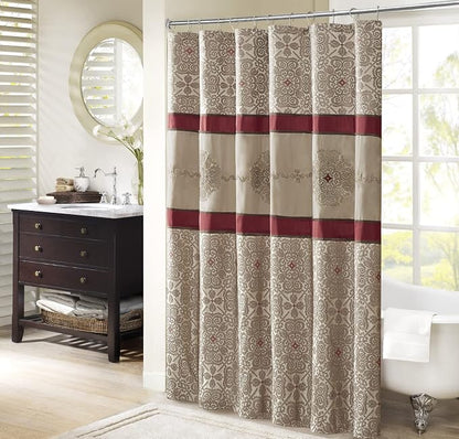 Madison Park Embroidered Jacquard Traditional Shower Curtain, 72"x72", Red | Weave Design, Traditional Bathroom Décor, Machine Washable, Fabric Privacy Screen