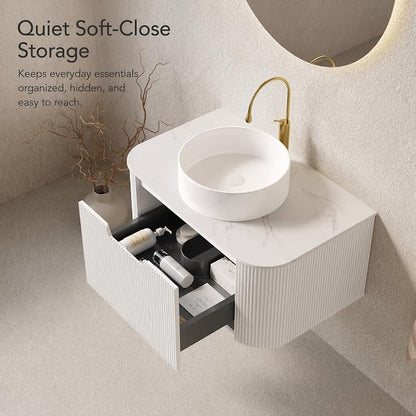 30 Inch Bathroom Vanity with Sink, Floating Wall Mounted Single Sink Vanity, White Curved Fluted Front, Stone Top, Pure White Round Vessel Basin, Pre-Assembled