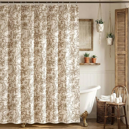 Farmhouse Brown Floral Shower Curtain with 12 Clear Rings 72"W x 84"L | Boho Fabric Faux Linen Shower Curtain Set, Vintage Cottagecore Shower Curtain for Bathroom
