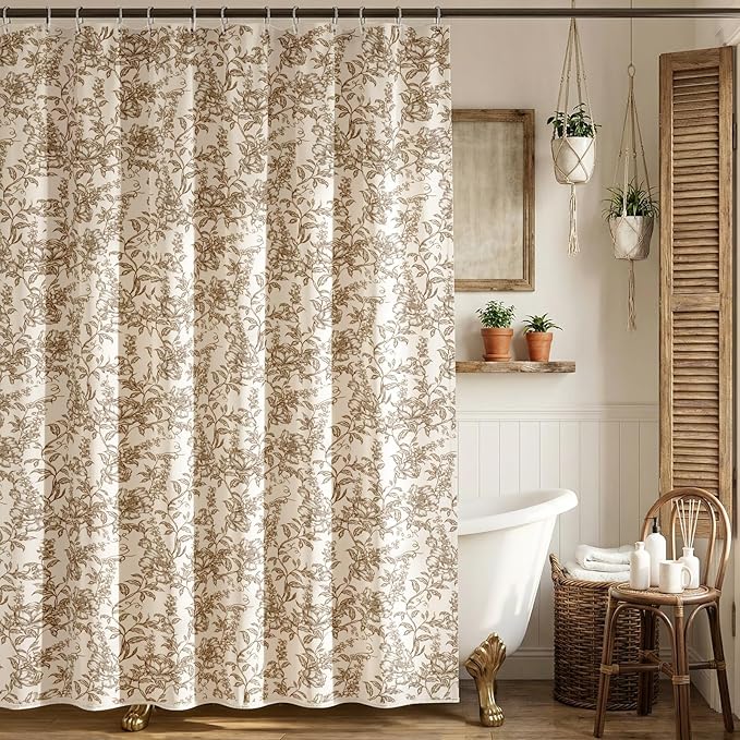 Farmhouse Brown Floral Shower Curtain with 12 Clear Rings 72"W x 72"L | Boho Fabric Faux Linen Shower Curtain Set, Vintage Cottagecore Shower Curtain for Bathroom