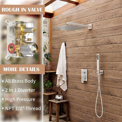 Alesco Shower System, Brushed Nickel Shower Faucet Set with 10-Inch High-Pressure Rainfall Showerheads and Handheld Spray combo, Showerfixture Include Valve and Trim Kit, Brushed Nickel
