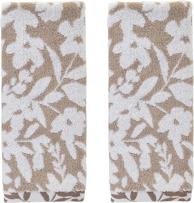 SKL Home Bedford Floral Hand Towel Set-2pc, Premium 100% Cotton, Tan | 600 GSM weight. Spa-level quality. Soft & absorbent, reversible jacquard. For the bathroom, kitchen, bar or any sink space.