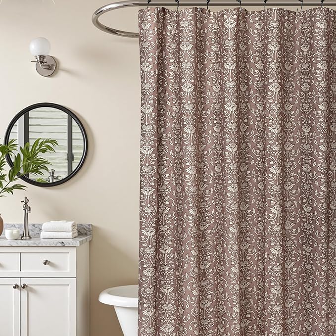 MUGINYU Camel Shower Curtain Vintage Floral Block Print - 72x72 Inches,Cotton Blend Cloth Fabric,Neutral Farmhouse Decorative French Country Bathroom Decor, Cottagecore Aesthetic Pattern
