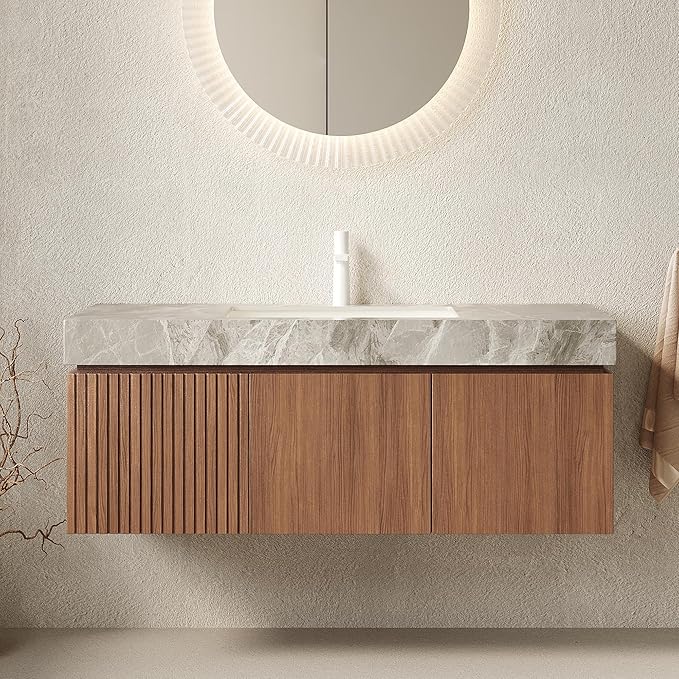 48” Floating Bathroom Vanity with Sink, Wall-Mounted Cabinet with Drawer & Doors, Gray Travertine-Pattern Sintered Stone Top, Undermount Basin, Single Faucet Hole, Soft-Close, Pre-Assembled, Brown Oak