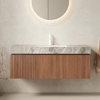 48” Floating Bathroom Vanity with Sink, Wall-Mounted Cabinet with Drawer & Doors, Gray Travertine-Pattern Sintered Stone Top, Undermount Basin, Single Faucet Hole, Soft-Close, Pre-Assembled, Brown Oak