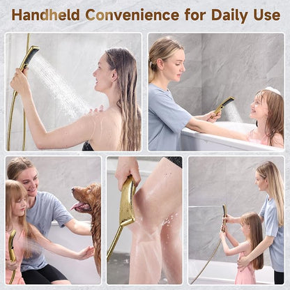BRIGHT SHOWERS Dual Shower Head with Handheld, High Pressure Rainfall Shower Head Combo, 60-Inch Stainless Steel Hose, Brushed Gold