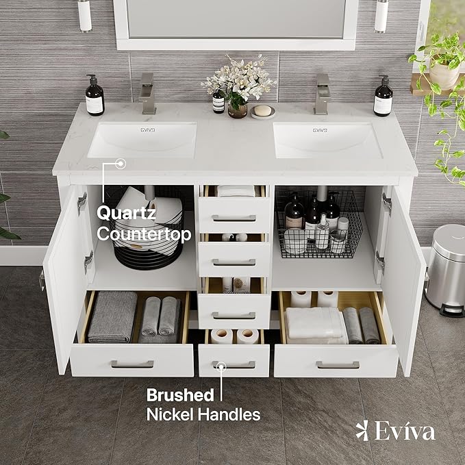 Eviva London 48 in. White Double Sink Bath Vanity with Carrara Quartz Top and Undermount Porcelain Sinks