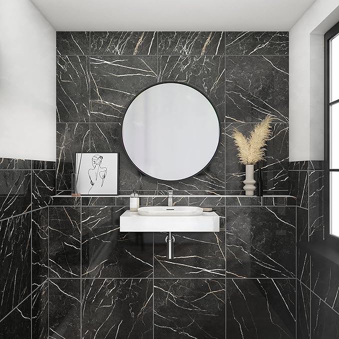 Daltile Perpetuo 24" X 24" Porcelain Marble Look Floor Tile in Polished Infinite Black (4 pieces per carton) (15.20 sqft per carton)