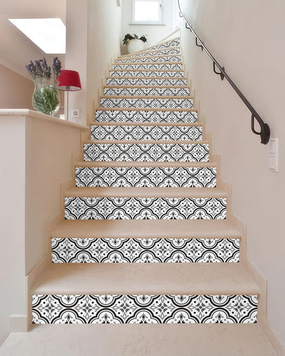 FLFK Black Patterns Stair Stickers - Set of 15, Peel and Stick Stair Riser Decals, 39.3"x7.08"