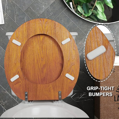 Angel Shield Durable Wood Veneer Natural Toilet Seat Metal Hinged Easy Clean Anti-scratch American Standard(Round,Wood Color)