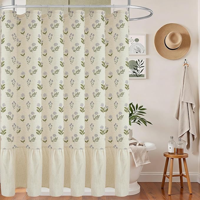 ORTIGIA Linen Textured Ruffle Shower Curtain 72x72 Inch with Metal Hooks, Vintage Blue Green Floral Flowers Block Print Boho Waterproof Bath Curtain for Rustic Farmhouse Bathroom Decor