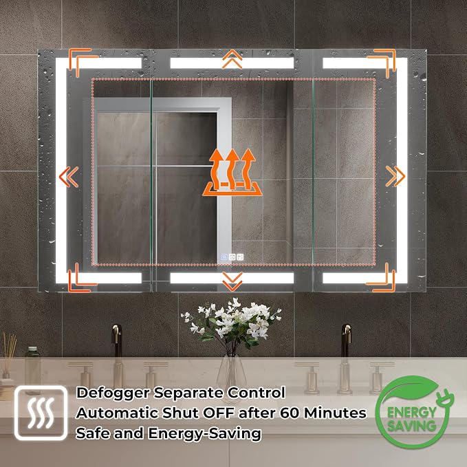 WELLFOR 48" X 30" Bathroom LED Medicine Cabinet with Mirror, Medicine Cabinet with Lights, Bathroom Mirror with Storage, Dimmer, Defogger, Outlets & USB Ports, Lighted Mirror Cabinet