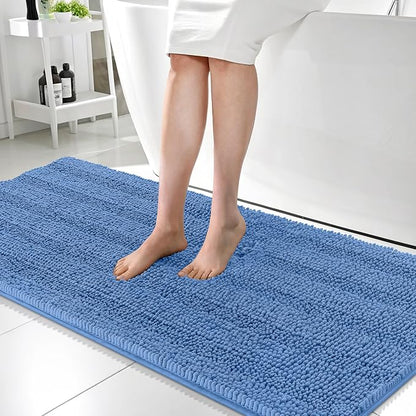 OLANLY Bathroom Runner Rugs 59x24, Soft Chenille Bath Rugs, Cornflower Blue | Rubber Backing, Machine Wash, Extra Absorbent Striped Bath Mats for Bathroom Floor, Tub and Shower, Home Decor Accessories