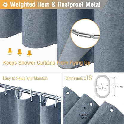 BTTN Extra Wide Shower Curtain - 108 x 72 Inch Linen Textured Waterproof Fabric Shower Curtain Set with 18 Plastic Hooks, Simple Wrap Around Cloth Shower Curtains for Bathroom and Bathtub - Blue Gray
