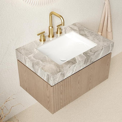 Ambrovina 30" Floating Bathroom Vanity with Sink, Modern Plywood Bathroom Storage Cabinet with Drawer and Door, Gray Sintered Stone Countertop and 3 Pre-drilled Faucet Holes Ceramic Basin, Light Brown