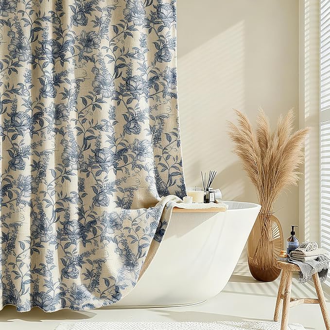 Farmhouse Blue Floral Shower Curtain with 12 Clear Rings 72"W x 72"L | Boho Fabric Faux Linen Shower Curtain Set, Vintage Cottagecore Shower Curtain for Bathroom