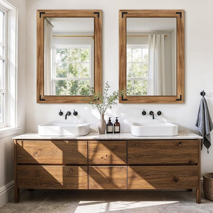 Bathroom Mirror for Wall, 28" x 40" Wooden Vanity Mirror | Solid Wood Frame, Rustic Farmhouse Style, Shatterproof Glass, for Bedroom, Living Room, Entryway Decor, Vertical/Horizontal