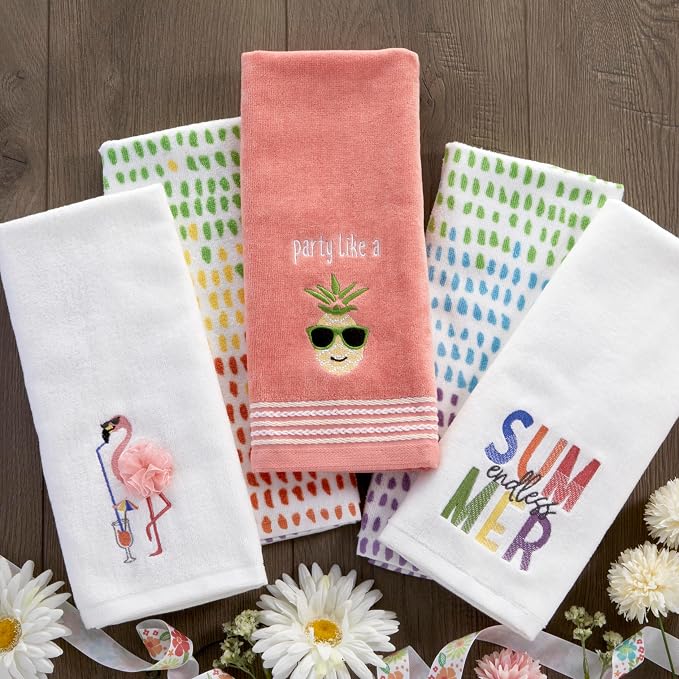SKL HOME by Saturday Knight Ltd. Party Pineapple 2 Pc Hand Towel Set, Coral Pink | Decorative velour for summer fun & everyday décor. Can be used in the bathroom, kitchen, bar, or any sink space.