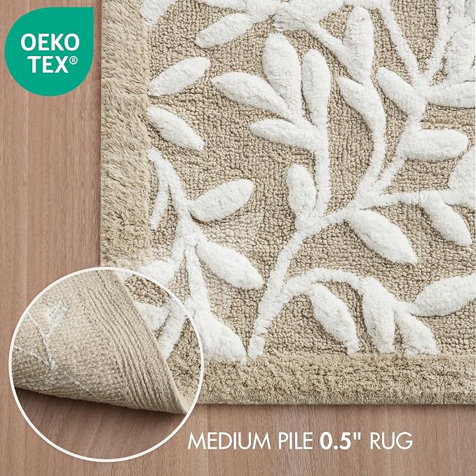 Madison Park Serene Tufted Bath Rug Cotton Absorbent, 24 x 60, Taupe | Quick Dry, Soft Pile, Machine Washable, Floral Pattern, Plush, OEKO-TEX Certified