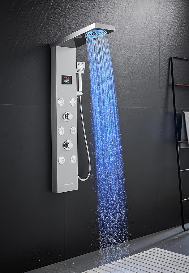 Stainless Steel Shower Panel Tower System with LED lights(No battery need), Hydroelectric LED Rainfall Shower Tower System with 6 Pcs Body Jets, Brushed Nickel