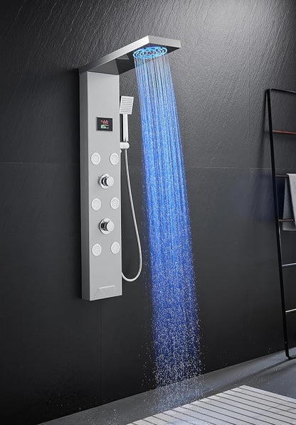Stainless Steel Shower Panel Tower System with LED lights(No battery need), Hydroelectric LED Rainfall Shower Tower System with 6 Pcs Body Jets, Brushed Nickel
