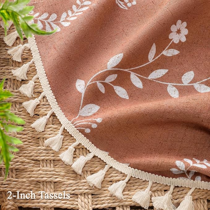 Boho Terracotta Vintage Shower Curtain with Tassels | 72 x 78 Inch,Bohemian Floral Linen Fabric Pattern Curtain Curtain For Bathroom