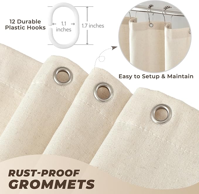 Linen Shower Curtain Boho Beige Shower Curtain with 3 Tassels 72"W x 72"L | Thick linen-poly blend, three handcrafted fringe accents, soft drape, neutral rustic styling for bathroom decor