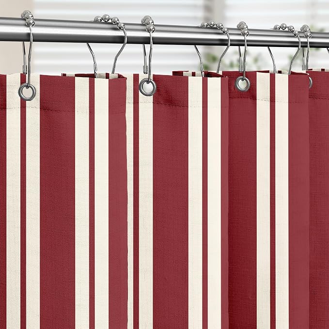 Tititex Cute Candy Cane Striped 140gsm Faux Linen Fabric Shower Curtain, Elegant Classic Burgundy Red Shower Curtain Sets Decoration 72x72 Inch with Hooks