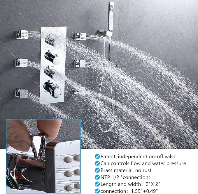 Bathroom Shower System, 16X32 inches Ceiling Mount Thermostatic Large Rain Shower with Adjustable Flow Body Jets, Multi Shower Jets System Can Run All At Once (Chrome)