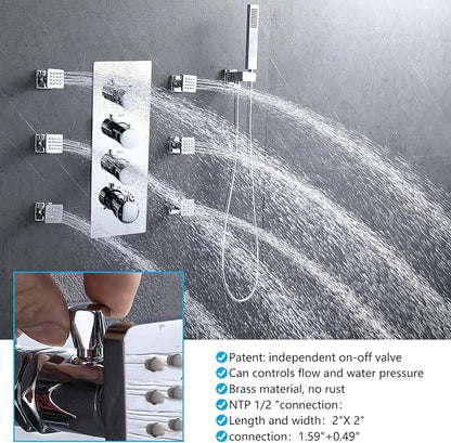 Bathroom Shower System, 16X32 inches Ceiling Mount Thermostatic Large Rain Shower with Adjustable Flow Body Jets, Multi Shower Jets System Can Run All At Once (Chrome)