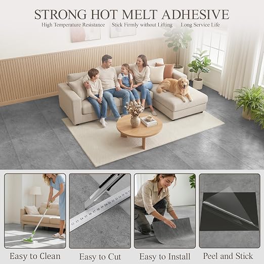 DEXDE Peel and Stick Floor Tile Dark Gray Waterproof Marble, 2FTx2FT 20 PC | Waterproof Self-adhesive Vinyl Tiles 80 Sq.Ft (20 Large 24x24 Pack), Vinyl Flooring for Bathroom Kitchen DIY Upgrades