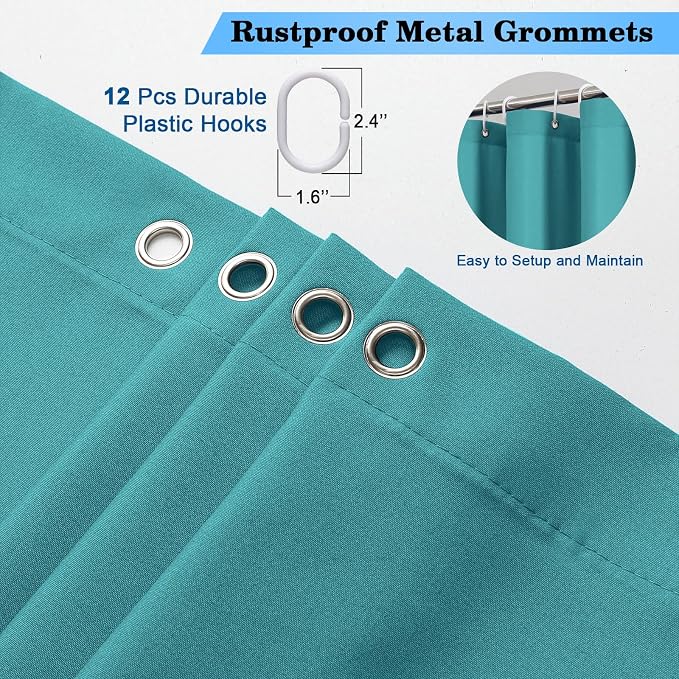 OVZME Zora Solid Turquoise Shower Curtain for Bathroom, Fabric Shower Curtain- Soft Cloth & Hotel Spa Quality, Water Repellent, Machine Washable Shower Curtain Set with 12 Hooks, Grommet Top, 72Wx72L