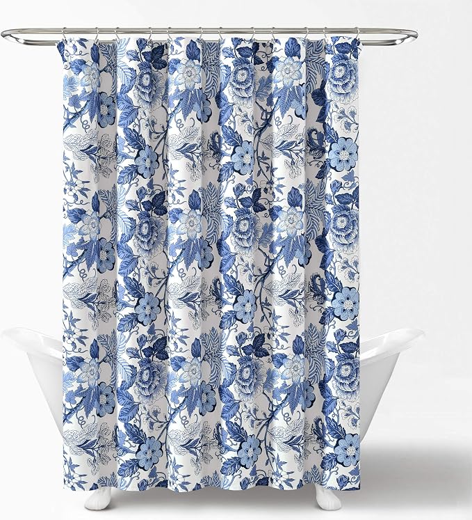 Lush Decor Sydney Floral Shower Curtain, 72" W x 72" L, Navy & White - Fabric Shower Curtains - Cottage Core Decor - Colorful Floral Print - Cute Bathroom Curtain