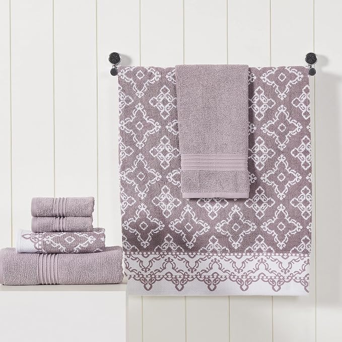 Modern Threads Charlize 6-Piece 100% Cotton Towel Set–Reversible Yarn Dyed Jacquard & Solid – Includes 2 Bath Towels, 2 Hand Towels, 2 Washcloths – Absorbent, Quick Dry, Soft & Durable – Orchid