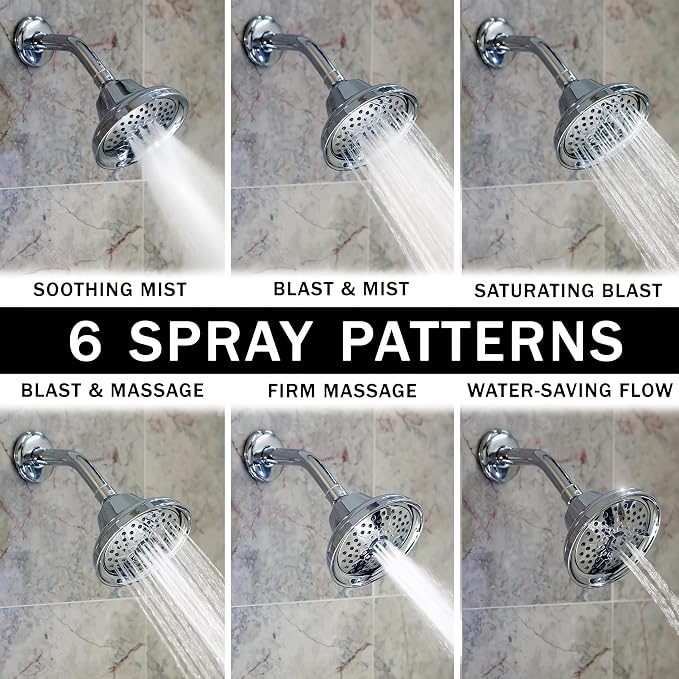 Aqua Elegante Massage Shower Head With Mist - 1.8 GPM - Polished Chrome | High Pressure Boosting, 6 Function Adjustable Massaging Rainfall Showerhead For Low Flow Baths With Water Saving Nozzles