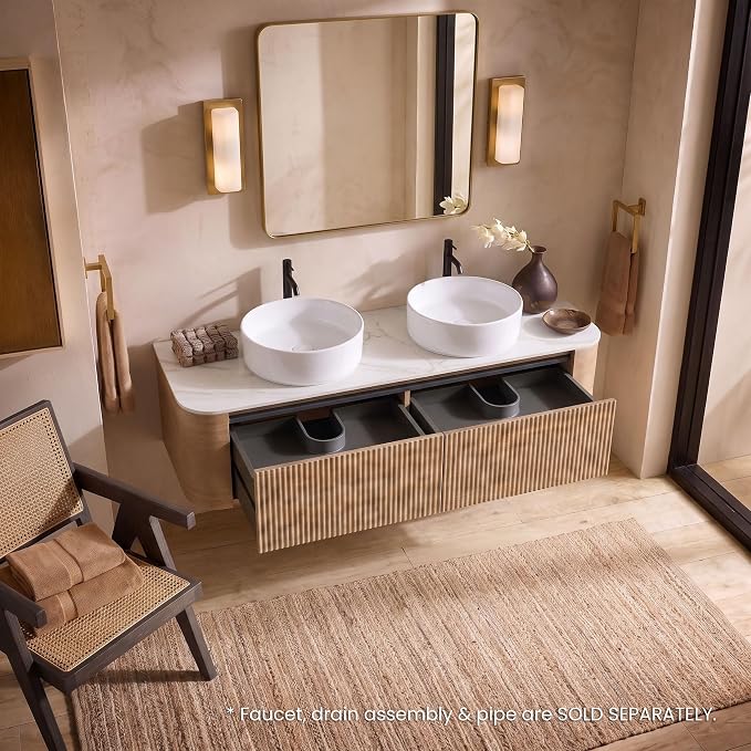 60" Preassembled Double Floating Bathroom Vanity with Round Sink, Oak | Mid-Century Modern Style, Fluted & Soft-Close Drawer with U-shaped Wall, Sinterted Stone Countertop, Towel Rack Included