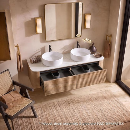 60" Preassembled Double Floating Bathroom Vanity with Round Sink, Oak | Mid-Century Modern Style, Fluted & Soft-Close Drawer with U-shaped Wall, Sinterted Stone Countertop, Towel Rack Included