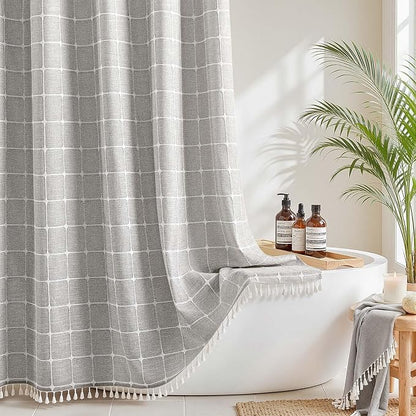 RiverDream Farmhouse No Hooks Shower Curtain with Snap-in Liner,Khaki,71x74 | Snap on Fabric Liner,Heavy Duty,Quick Dry,Mesh Top Window,With Bottom Magnets,Washable,with Tassels,Standard Size
