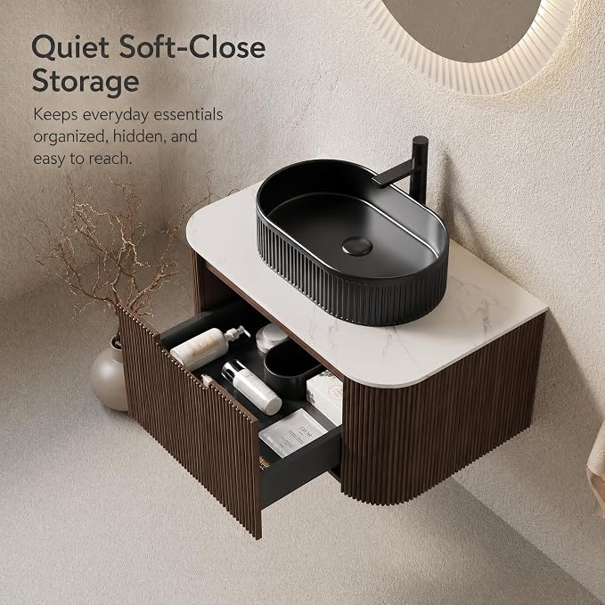 30 Inch Bathroom Vanity with Sink, Floating Wall Mounted Single Sink Vanity, Dark Walnut Curved Fluted Front, Stone Top, Black Textured Oval Vessel Basin, Pre-Assembled