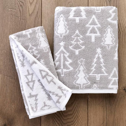 SKL Home Christmas/Winter Mod Tree Hand Towel Set-2pc, 100% Cotton, Gray | 500 GSM. Soft & absorbent. Reversible jacquard pattern. Great for the bathroom, kitchen or bar & holiday gift.