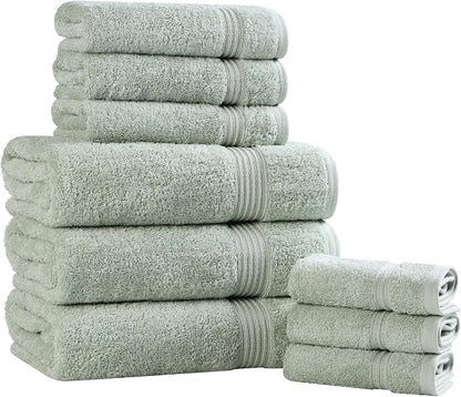 Superior Egyptian Cotton 9-Piece Towel Set, Assorted Towels for Home Bathroom, Guest Bath Decor Essentials, Includes 3 Bath, 3 Hand, 3 Face Towels/Washcloths, Quick Dry, Absorbent - Sage