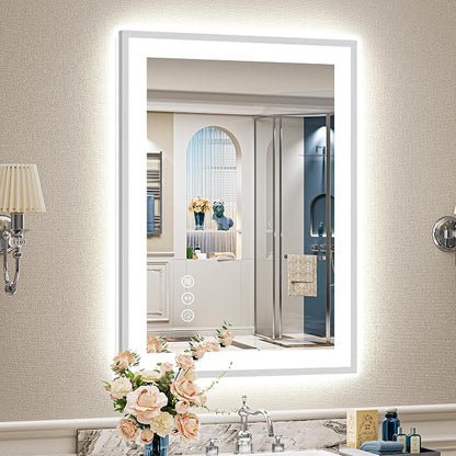 24x36 Inch Brushed Nickel LED Bathroom Mirror, Backlit & Front Lit | Silver Framed Anti-Fog Lighted Vanity Mirror with Lights, 3 Color Dimmable, Memory, HD Tempered Glass, CRI95, IP54, UL Listed
