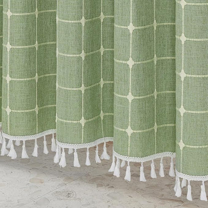 MitoVilla Sage Green Boho Extra Long Shower Curtain 72 x 84, Modern Farmhouse 84 inch XL Rustic Polyester Linen Tassel Heavy Duty Shower Curtain Set with Hooks for Cottagecore Country Bathroom Decor