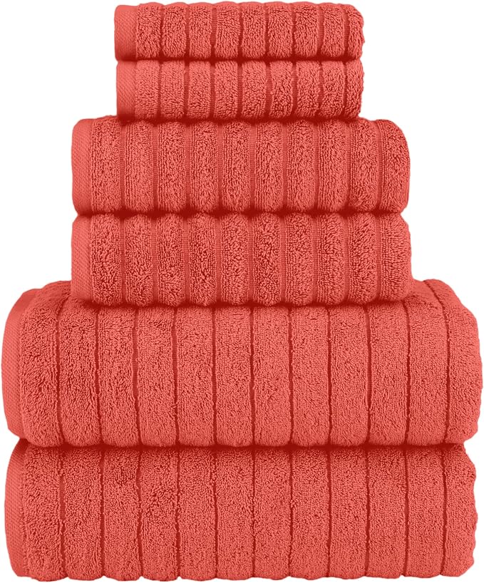 Elegant Comfort 100% Turkish Cotton Corduroy Ribbed Luxury Bath Towels 6-Piece Set, Premium Feel - Quick Dry, Highly Absorbent, Contains 2 Bath Towels, 2 Hand Towels, and 2 Washcloths, Coral